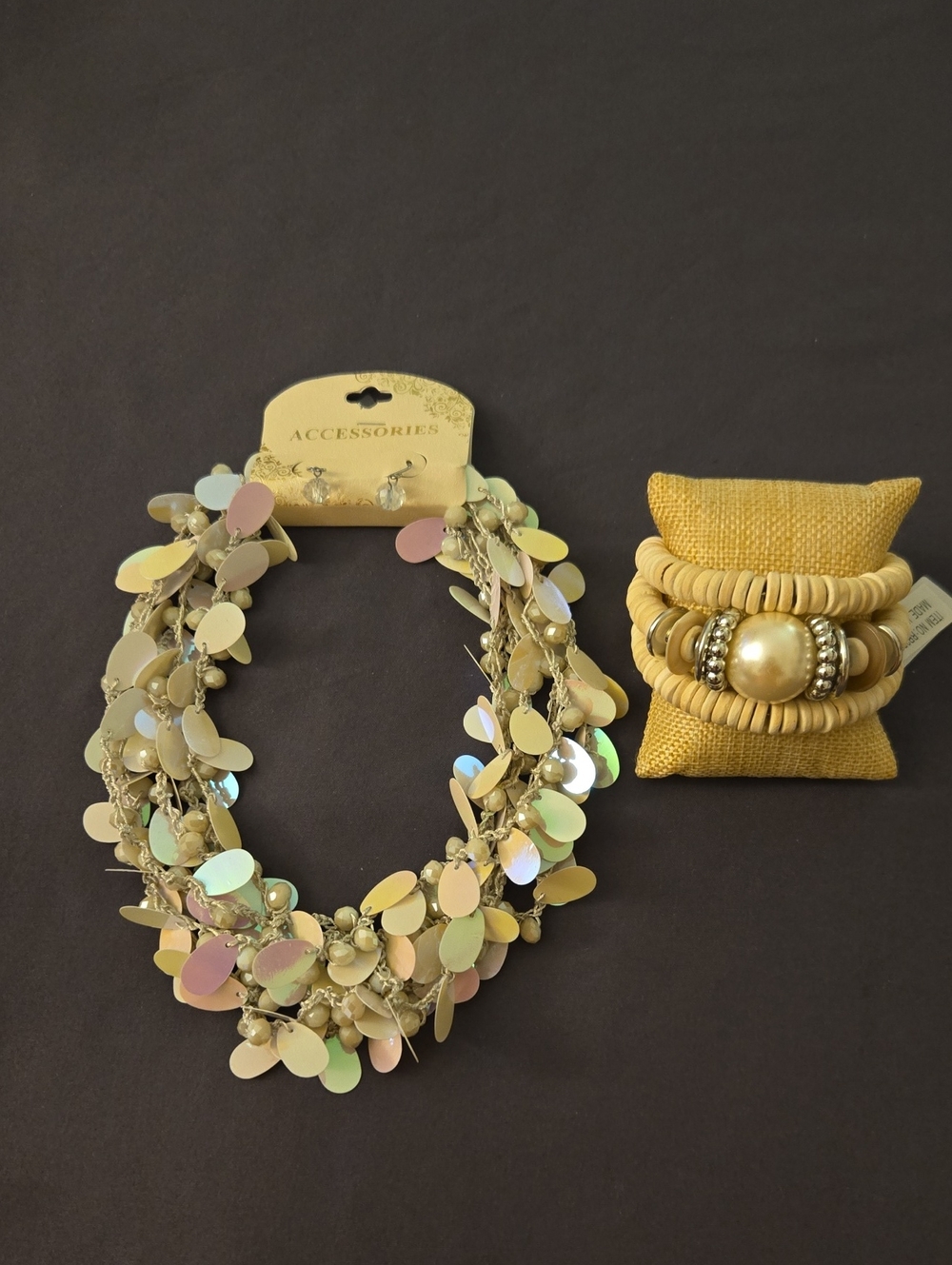 Iridescent Pastel White Sequin Necklace & White Wrap-around Pearl Bracelet